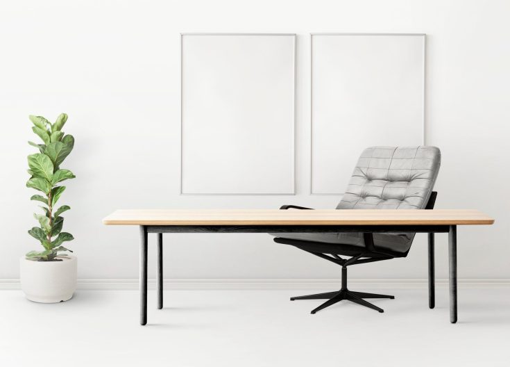 Minimal home office interior design with fiddle-leaf fig plant